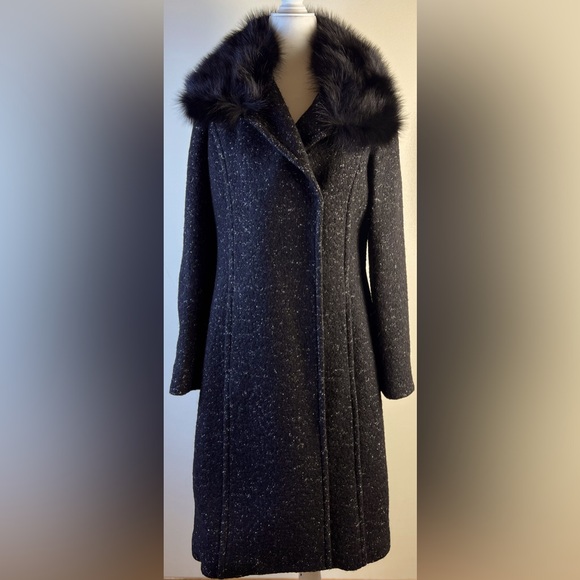 Elie Tahari Fur Trimmed Black and White Tweed Wool Coat, Size Medium - Picture 1 of 12